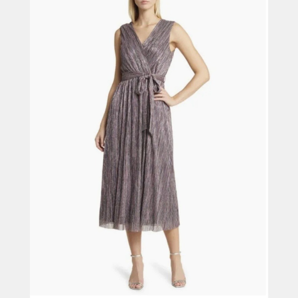 Anne Klein Disco‎ Glam Shimmer Ballet Multi Metallic Pleated Midi Dress NWT 14